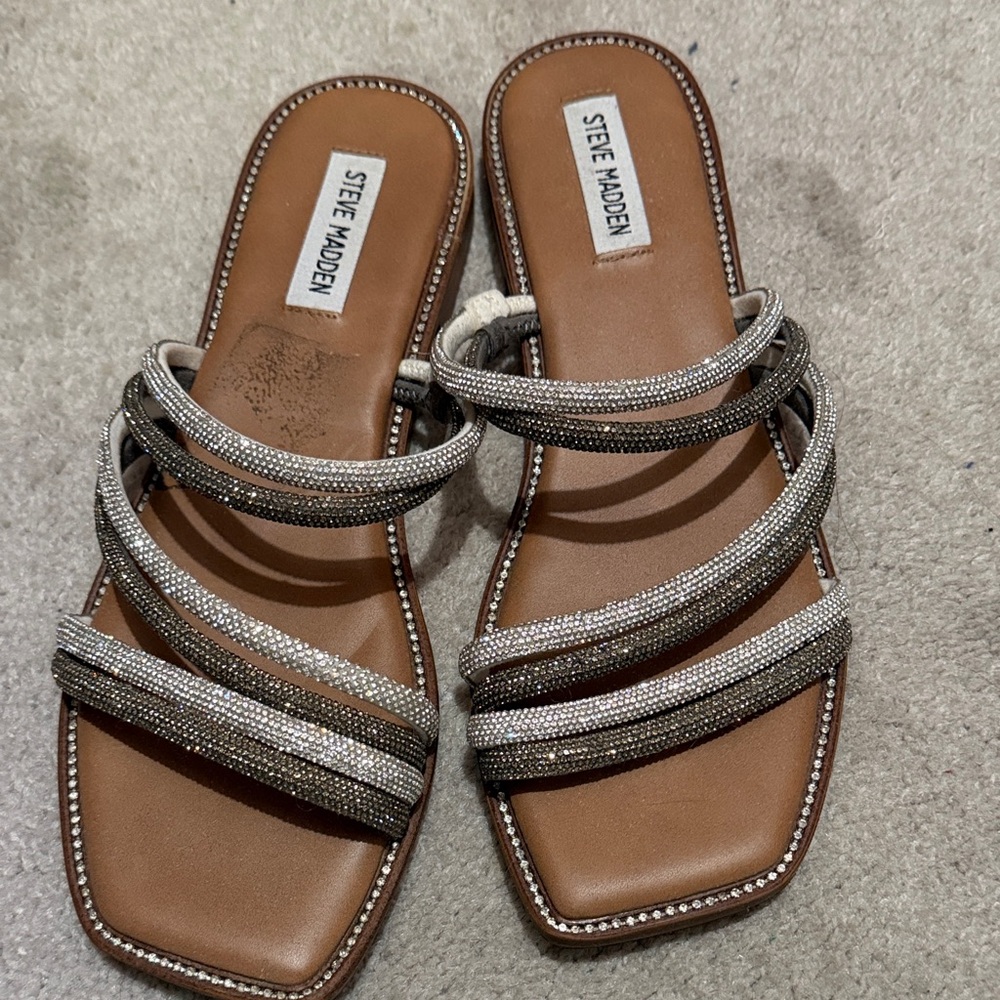 Steve Madden Metallic Two-Tone Crystal Strappy Slide Sandals